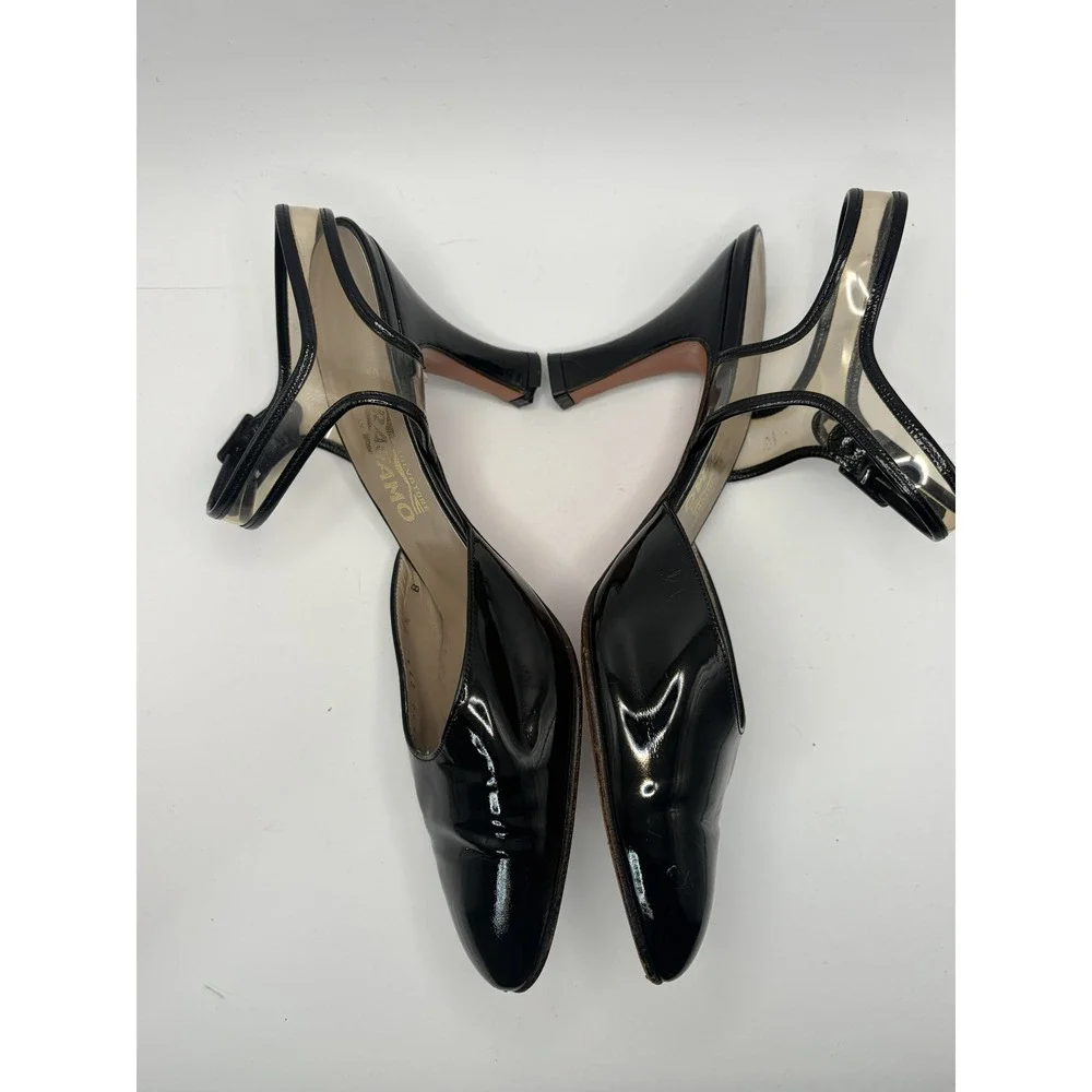 Salvatore Ferragamo Black Patent Leather PVC Ankle Strap Pumps Heels 7.5 B Italy